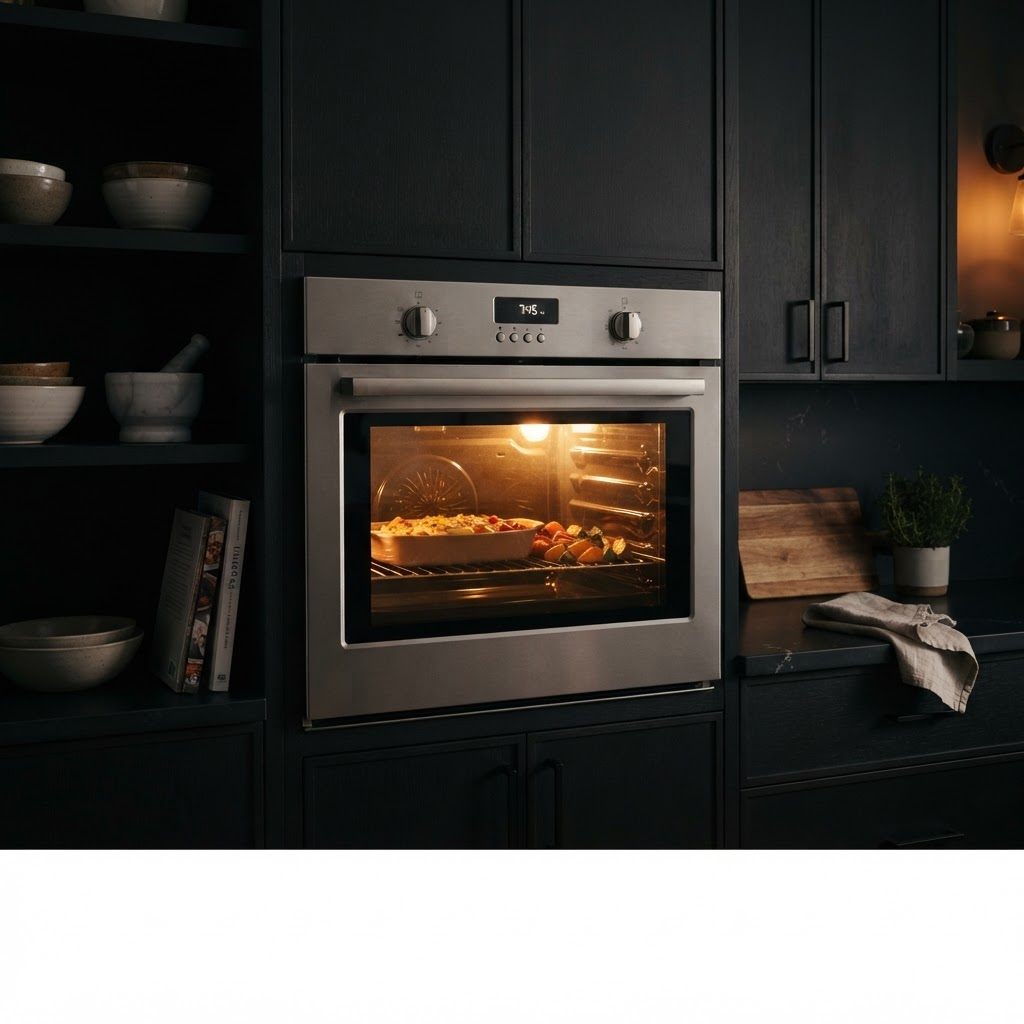 Horno empotrable de acero inoxidable con luz interior encendida en una cocina oscura